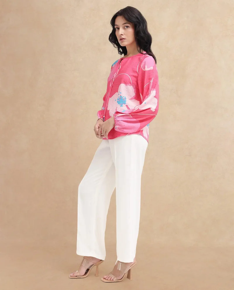 Rareism Women's Floral Print Top With Bishop Sleeves