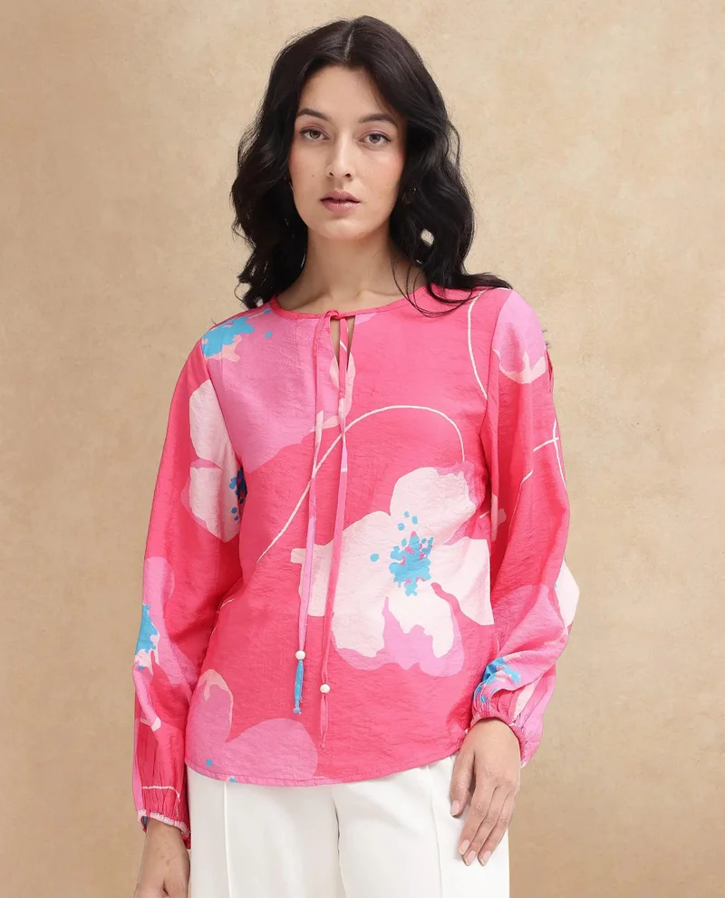 Rareism Women's Floral Print Top With Bishop Sleeves