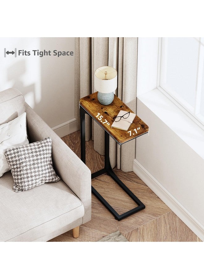 QEEIG Narrow C Shaped Side Table Set of 2 Living Room Sets Slim Couch Tray Tables Skinny Thin Small Farmhouse 7 inch Width, Rustic Brown (017-18BN) - Image 2