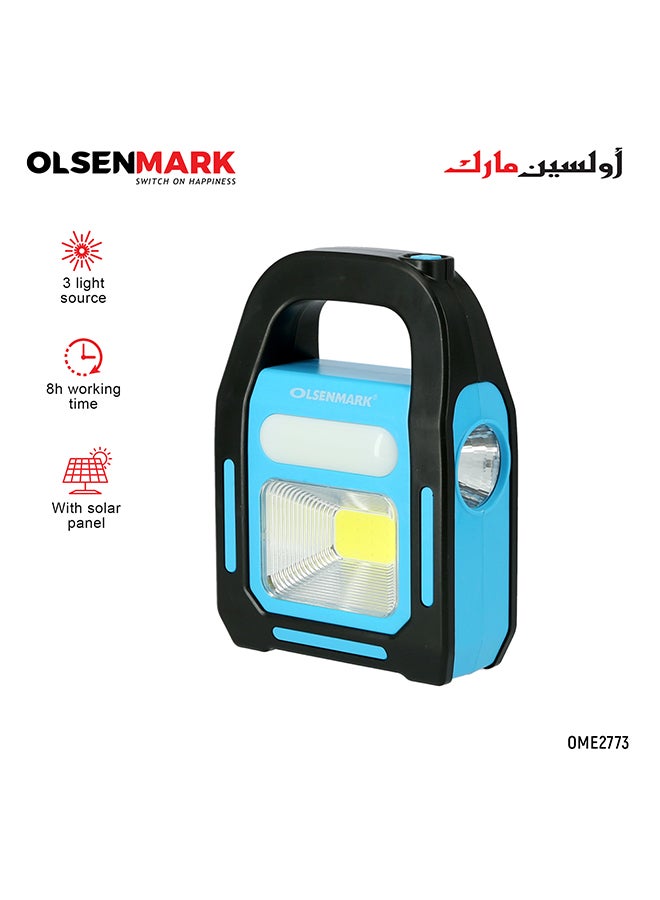 Olsenmark Multi-Function Emergency Light with Solar Panel, 3 Lights Source, Power Bank Function and Perfect for Indoor and Outdoor Use Blue/Black - Image 1