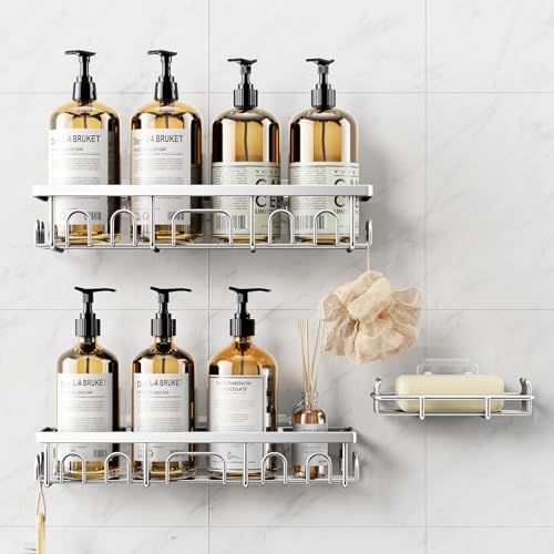 Deyhoc Shower Caddy, 3 Pack Shower Shelves for Inside Bathroom, Rustproof Adhesive Bathroom Organizer with Soap Holder, No Drilling Washroom Organizers and Storage for Tub Room/Kitchen/Home, Silver - Image 1
