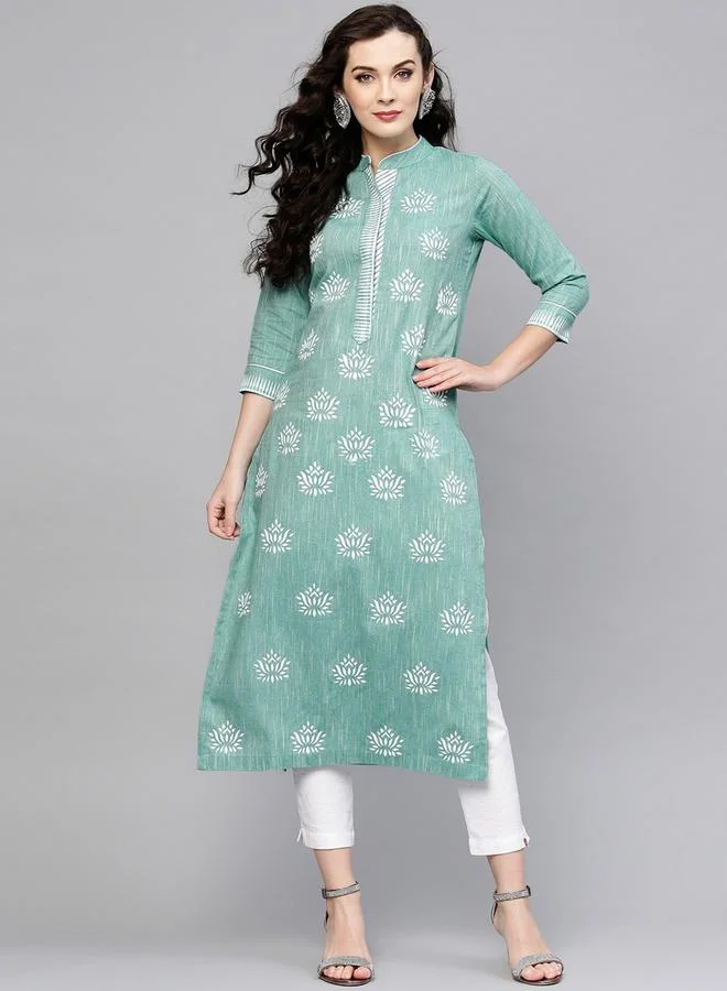 Take Two Green Lotus Printed Chambray Kurta By Pannkh