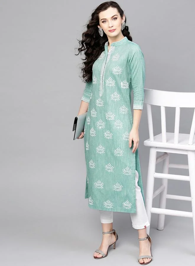Take Two Green Lotus Printed Chambray Kurta By Pannkh