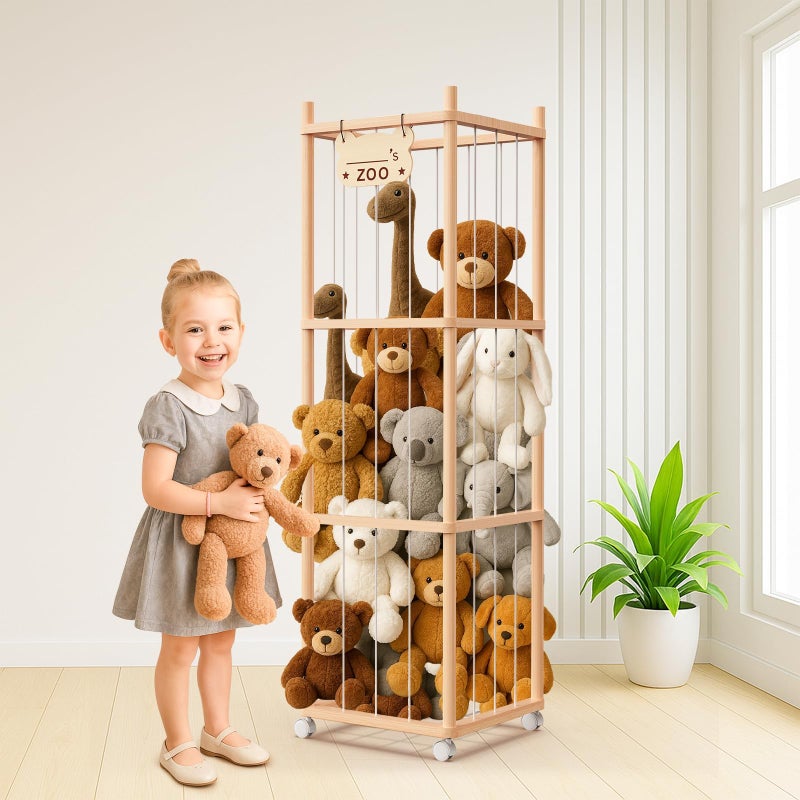 May Eileen Stuffed Animal Storage & Organizer, Wooden Stuffed Animal Holder, Plushies Storage with Wheels, Stuffed Animal Zoo for Toddler Rooms, Playrooms & Bedrooms, 53.54" x 15.74" x 15.74" - Image 5