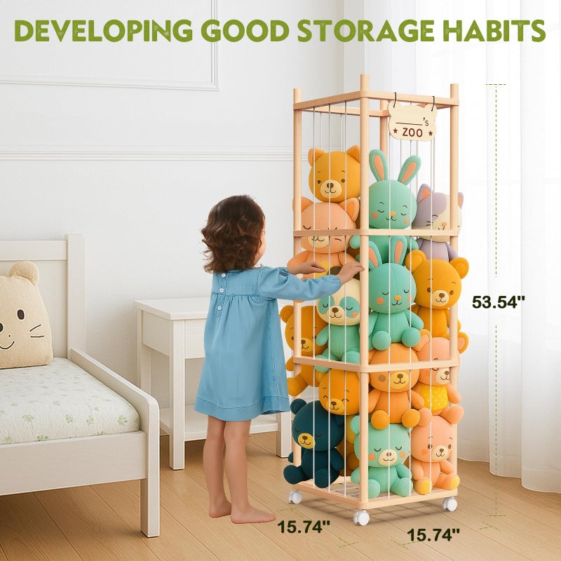 May Eileen Stuffed Animal Storage & Organizer, Wooden Stuffed Animal Holder, Plushies Storage with Wheels, Stuffed Animal Zoo for Toddler Rooms, Playrooms & Bedrooms, 53.54" x 15.74" x 15.74" - Image 4