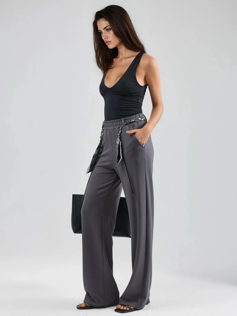 زوبعة Modal Touch Belted High Waist Straight Leg Knit Pants Bersan Collection
