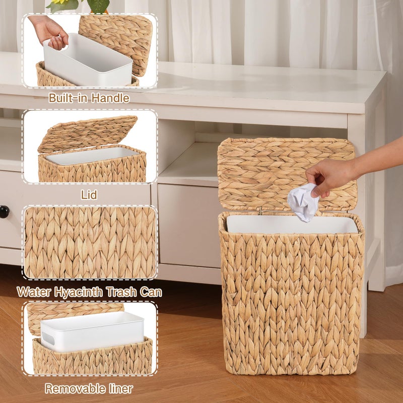iEGrow Wicker Trash Can, Bathroom Trash Can with Lid, 3 Gallon Natural Water Hyacinth Waste Basket with Removable Liner, for Bedroom, Living Room, Toilet, Under Sink - Image 3