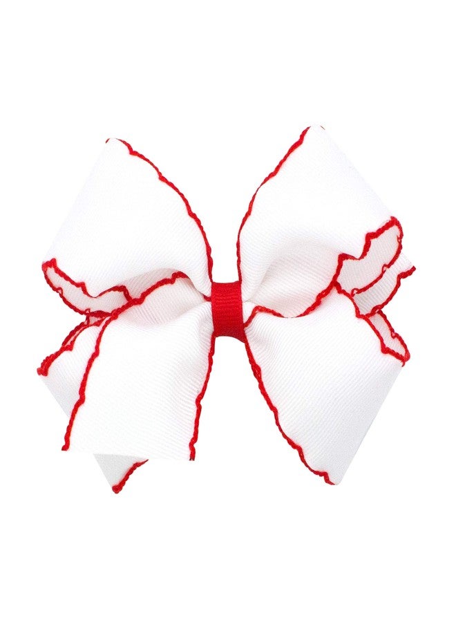 Wee Ones Baby Girls' Medium Classic Grosgrain Moonstitch Hair Bow on a WeeStay Clip - White w/Red Stitching,One Size - Image 1