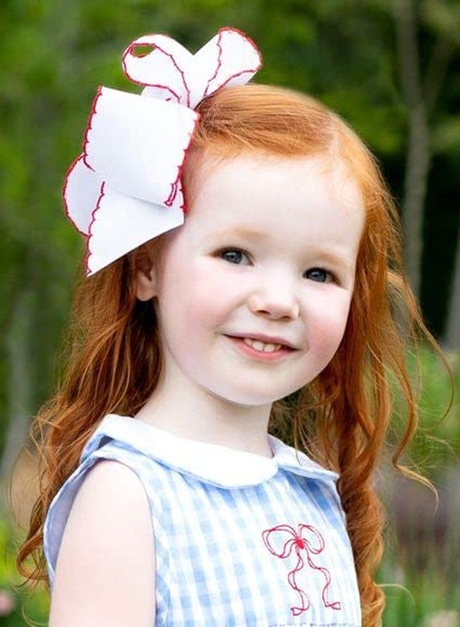 Wee Ones Baby Girls' Medium Classic Grosgrain Moonstitch Hair Bow on a WeeStay Clip - White w/Red Stitching,One Size - Image 5