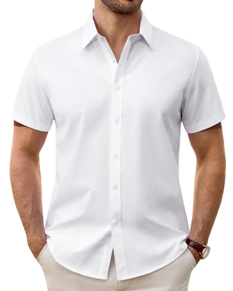 Lusead White Short Sleeve Dress Shirt Men Stretch Stain Shield Button Down Shirts Solid Wrinkle Free Formal Tops Office L - Image 1