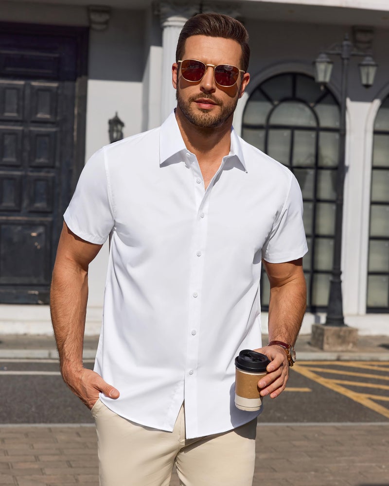 Lusead White Short Sleeve Dress Shirt Men Stretch Stain Shield Button Down Shirts Solid Wrinkle Free Formal Tops Office L - Image 2