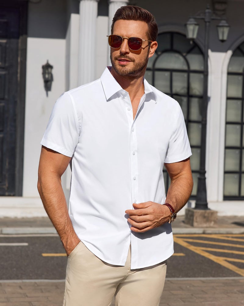 Lusead White Short Sleeve Dress Shirt Men Stretch Stain Shield Button Down Shirts Solid Wrinkle Free Formal Tops Office L - Image 3