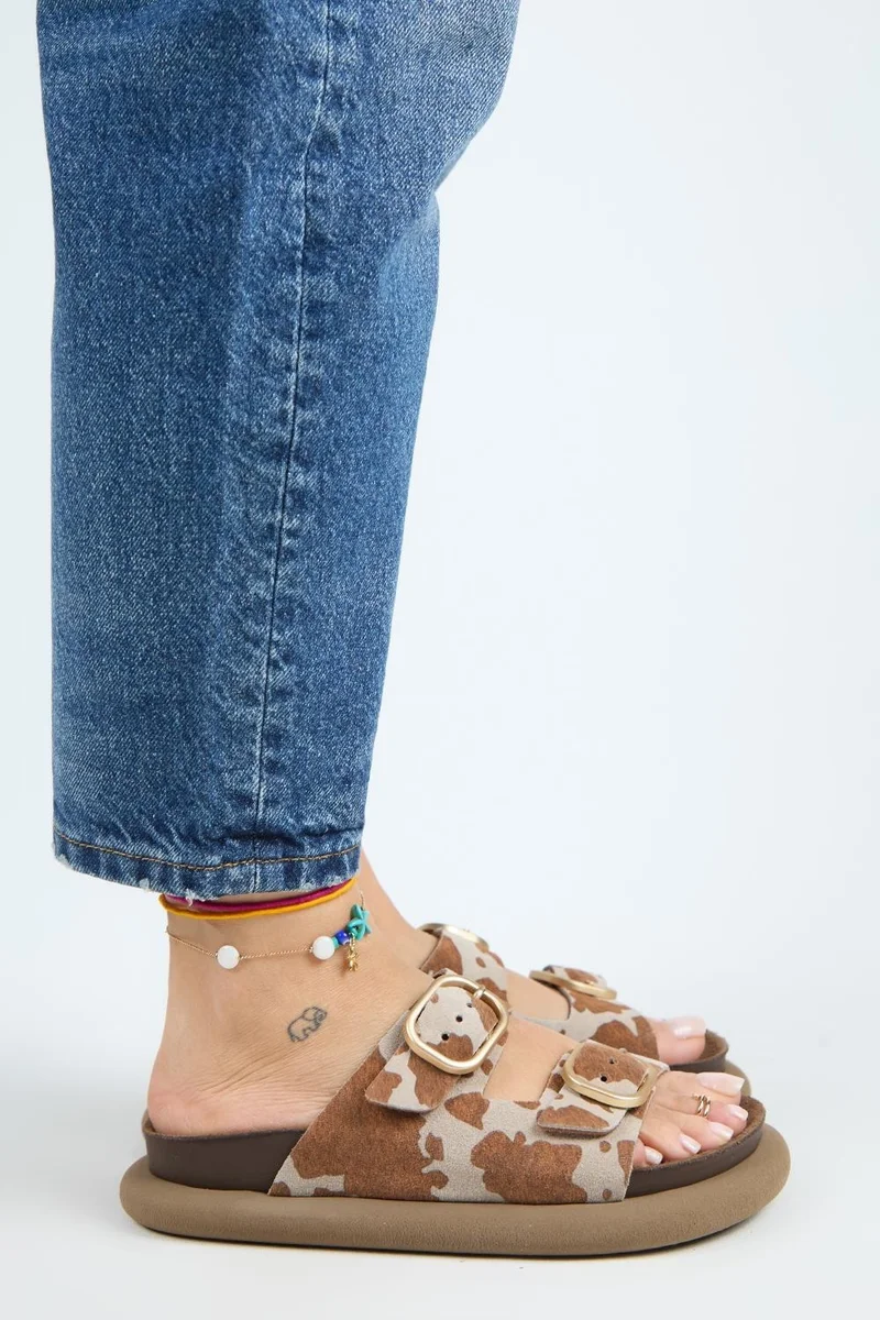 Manijero Manijero Nagual Lavanda Women's Genuine Leather Double Buckle Tan Spotted Slippers