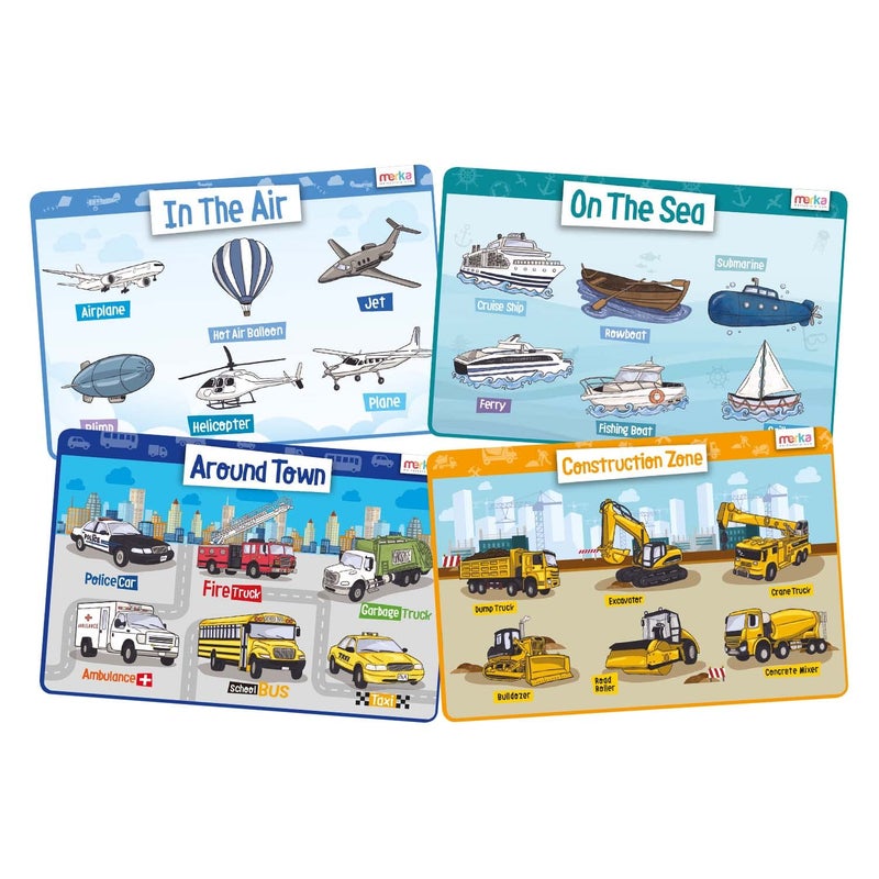 merka merka Kids Placemat 4 Pack Toddler Educational Placemats 17x11 in for Dining Table Features Transportation Air Sea Town Construction Zone Silicone Reusable Wipeable Mats