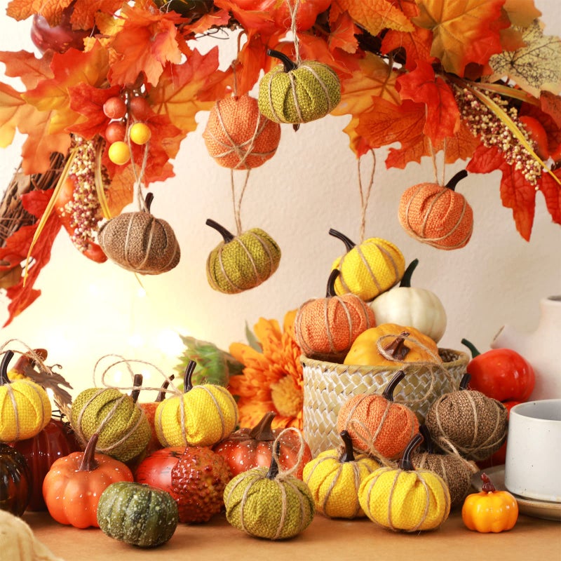 Kajaia Fall Pumpkin Hanging Ornament Mini Burlap Fabric Thanksgiving Pumpkin Hanging Tree Ornaments for Fall Thanksgiving Halloween Christmas Party Tree Mantel Wall Home Decor Crafts(Fresh Color 16 Pcs) - Image 5