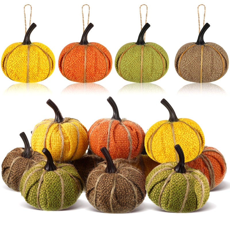 Kajaia Fall Pumpkin Hanging Ornament Mini Burlap Fabric Thanksgiving Pumpkin Hanging Tree Ornaments for Fall Thanksgiving Halloween Christmas Party Tree Mantel Wall Home Decor Crafts(Fresh Color 16 Pcs) - Image 1