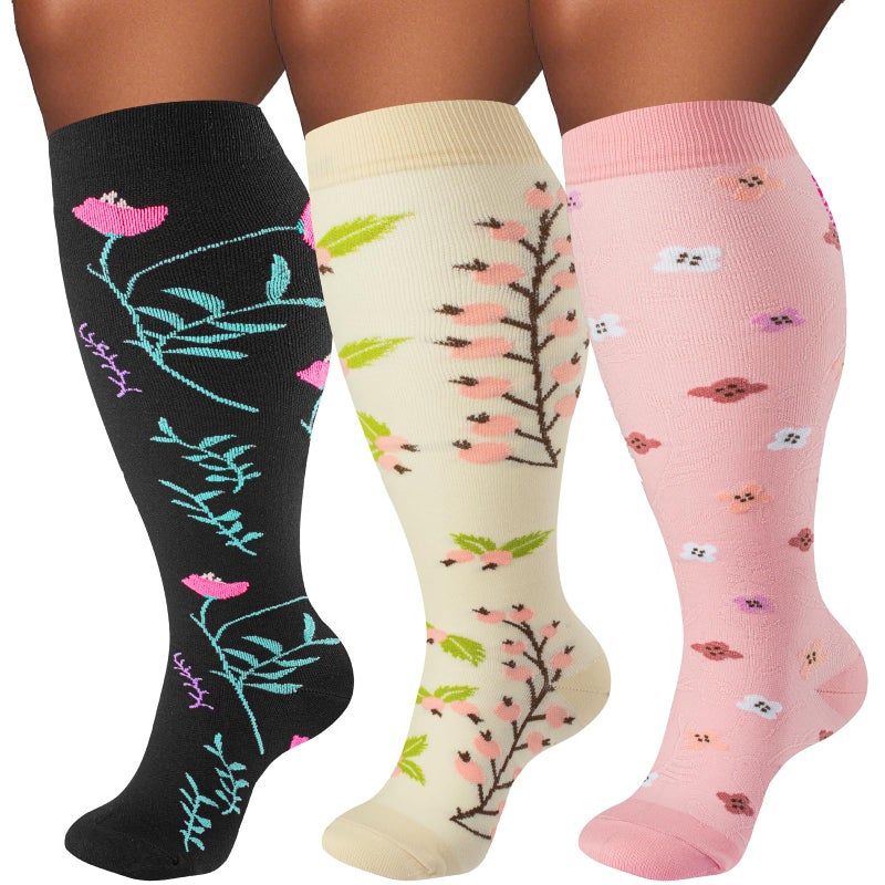 FOFLORA Plus Size Compression Socks for Women & Men 3 Pairs, Wide Calf Extra Large 20-30 mmHg Knee High Support Socks for Travel, Running, Nurse - Image 1