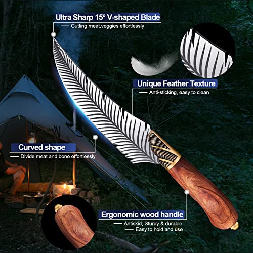 ROCOCO Feather Viking Boning Knife Japanese Forged in Fire Fancy Handmade Butcher Cleaver with Sheath Kitchen Outdoor Camping BBQ Collection Birthday Father Mother Christmas Day Gift 5.9" - Image 3