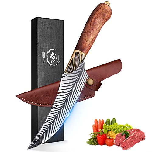 ROCOCO Feather Viking Boning Knife Japanese Forged in Fire Fancy Handmade Butcher Cleaver with Sheath Kitchen Outdoor Camping BBQ Collection Birthday Father Mother Christmas Day Gift 5.9" - Image 1