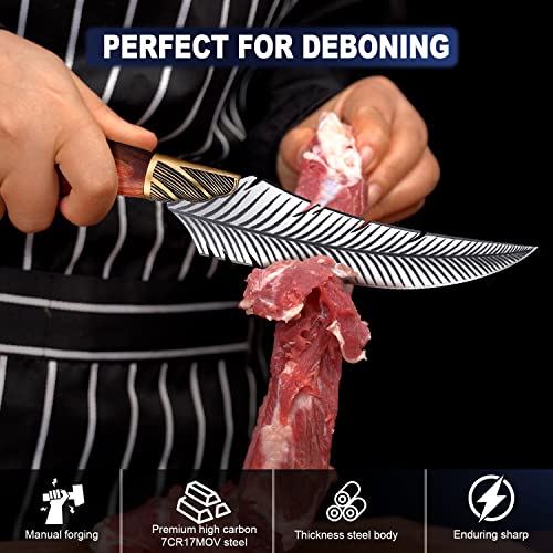 ROCOCO Feather Viking Boning Knife Japanese Forged in Fire Fancy Handmade Butcher Cleaver with Sheath Kitchen Outdoor Camping BBQ Collection Birthday Father Mother Christmas Day Gift 5.9" - Image 2