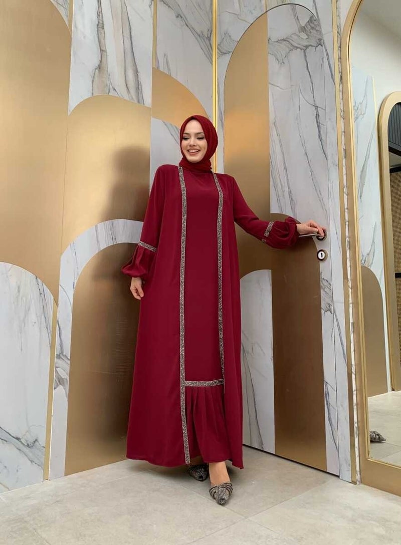Bym Fashion Bym Stone Detailed Abaya Zero Sleeve Dress Set 3657 Claret Red  - Image 1