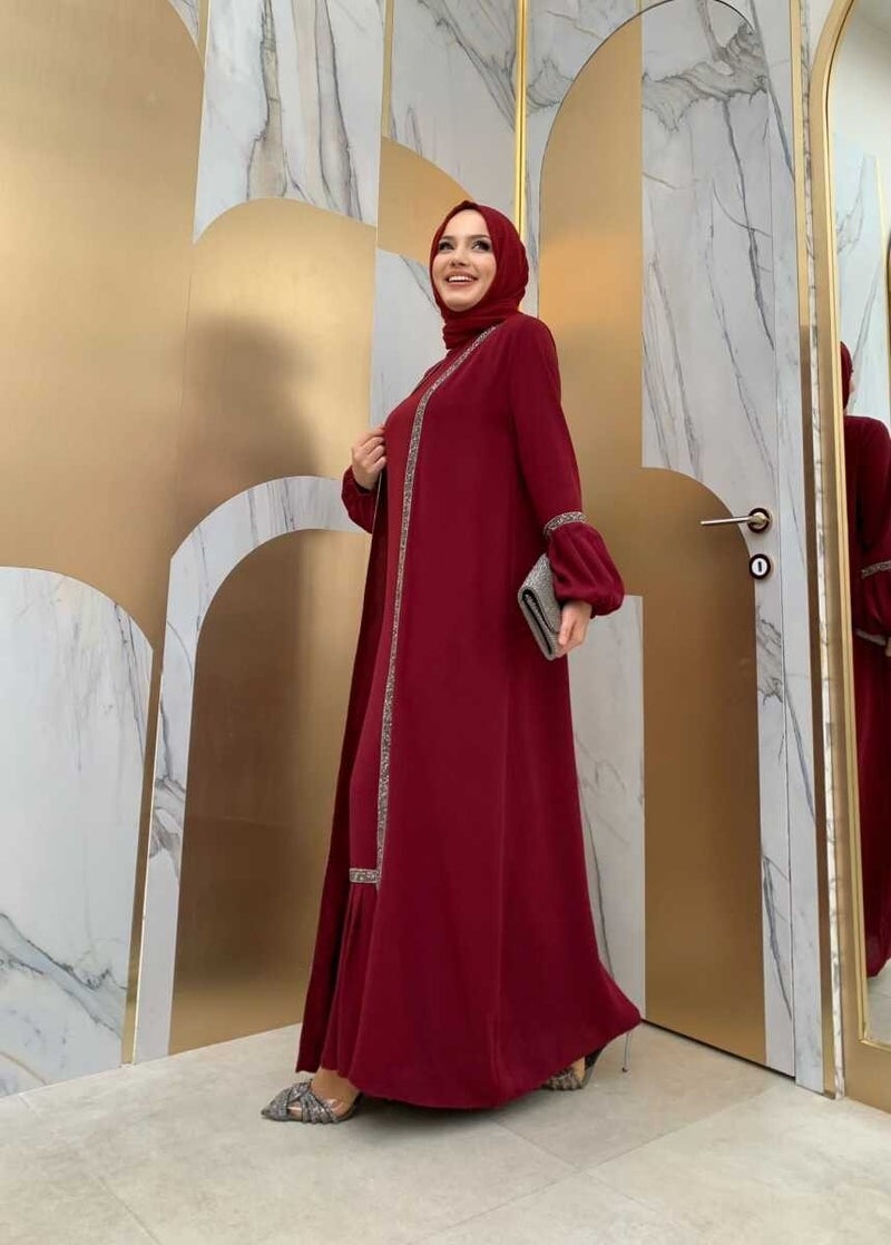 Bym Fashion Bym Stone Detailed Abaya Zero Sleeve Dress Set 3657 Claret Red  - Image 2