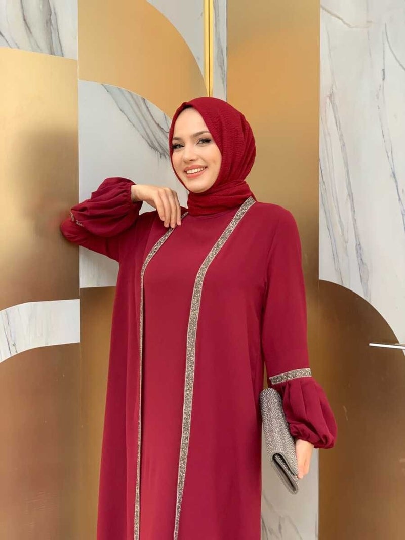Bym Fashion Bym Stone Detailed Abaya Zero Sleeve Dress Set 3657 Claret Red  - Image 4
