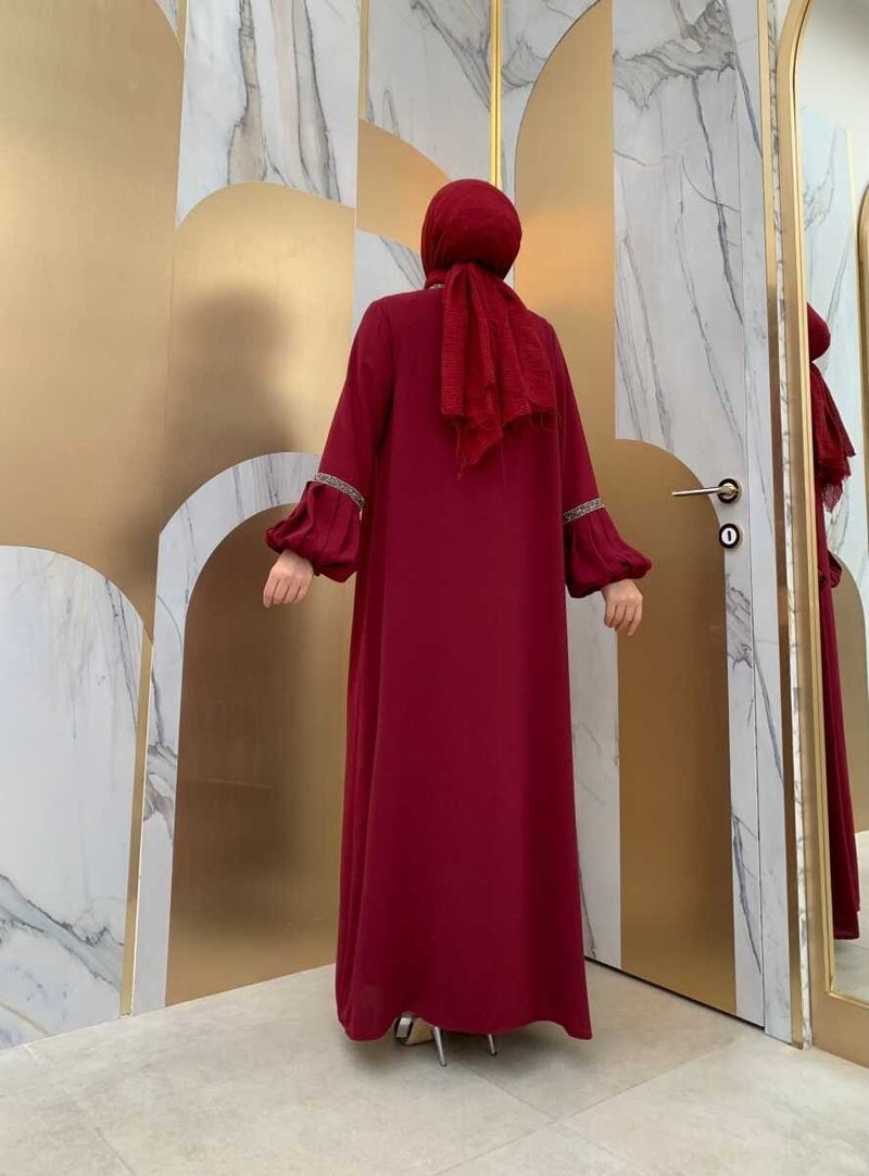 Bym Fashion Bym Stone Detailed Abaya Zero Sleeve Dress Set 3657 Claret Red  - Image 3