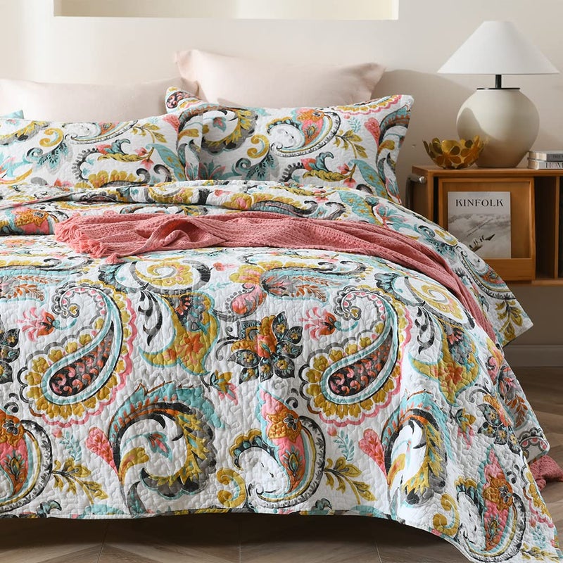 VISIMISI Cotton Bedspread Quilt Sets Reversible Bedding Coverlet Sets Comforter Paisley Floral Bedspread (White Paisley Floral, King Size) - Image 2