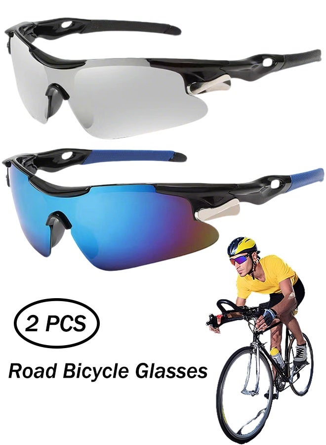2 Pcs Outdoor Sports UV Protection Half Frame Sunglasses, UV400 Polarized Cycling Sports Sunglasses, Windproof Goggles for Baseball Golf (Silver+Blue) - Image 1
