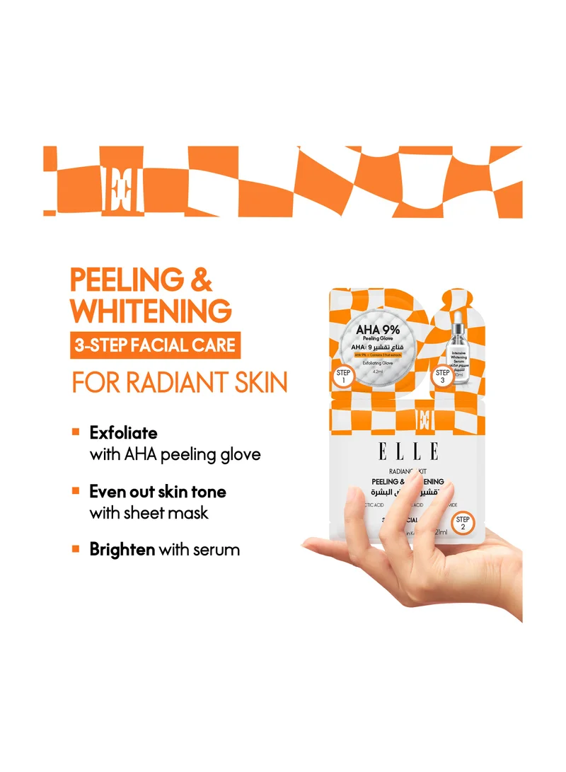 ELLE ELLE Radiance Kit – 3-Step Peeling & Whitening Treatment with AHA Peeling Glove, Soothing Mask, and Intensive Whitening Serum - Brightening, Exfoliating, Hydrating, Anti-Aging – For All Skin Types,  Pack of 4
