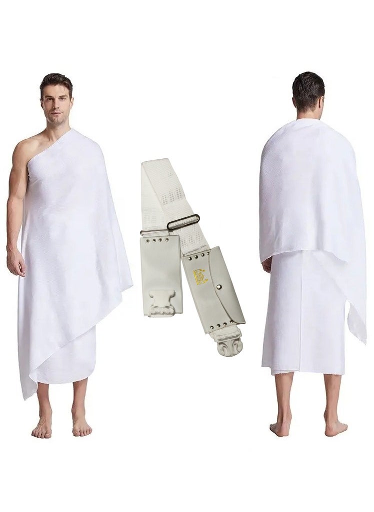 Fabienne 2-Piece Ihram Towel Set for Men with Regular Size Belt Best Fits 30-to 40 Inch Waist Non-Stitched Umrah Towel, Pure White Hajj Towel  - Image 1