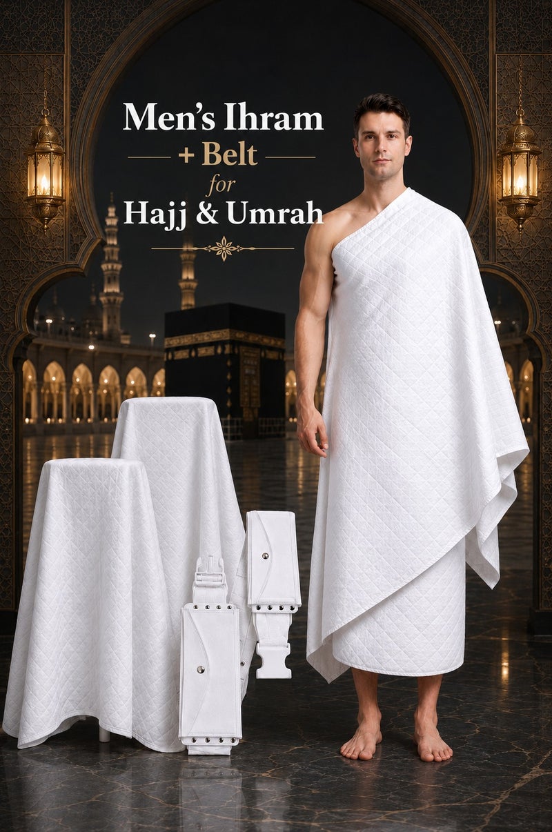 Fabienne 2-Piece Ihram Towel Set for Men with Belt Regular Size Best Fits 30-to 40 Inch Waist Non-Stitched Umrah Towel for Men 210x110cm Pure White Hajj Towel - Image 1