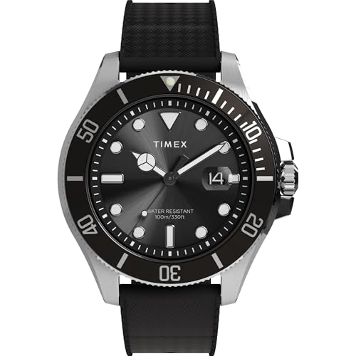 TIMEX ساعة تيمكس للرجال هاربورسيد كوست 43 مم بحزام أسود وقرص أسود هيكل فولاذي IP - Image 1
