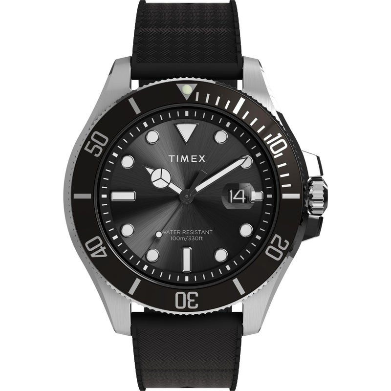 TIMEX ساعة تيمكس للرجال هاربورسيد كوست 43 مم بحزام أسود وقرص أسود هيكل فولاذي IP - Image 2