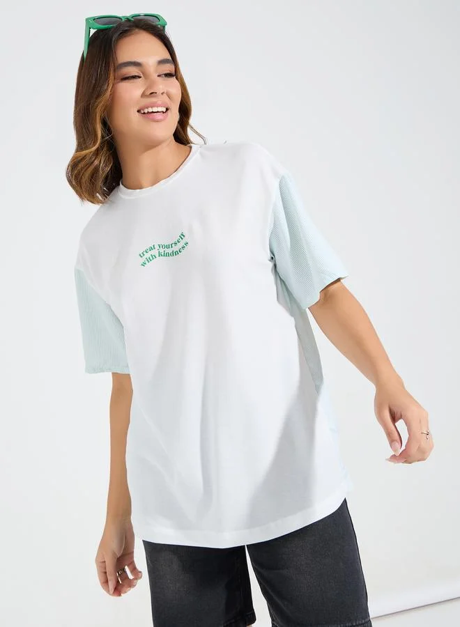 Styli Regular Fit Stripe Printed T-Shirt with Dropped Shoulder