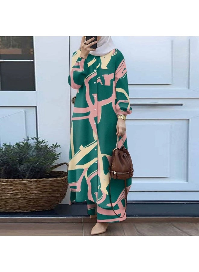 general 2 Piece Abayaa Set Women'S Daily Commuting Button Fastening Long Sleeve Shirt Top And Elastic Waist Wide Leg Pants - Image 1