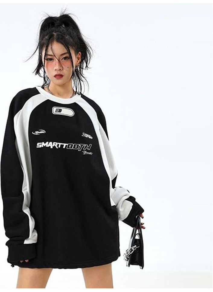 Touz Moda - Y2K Streetwear Smarttooth Printed Black Unisex Oversize Crew Neck Sweatshirt - Image 1