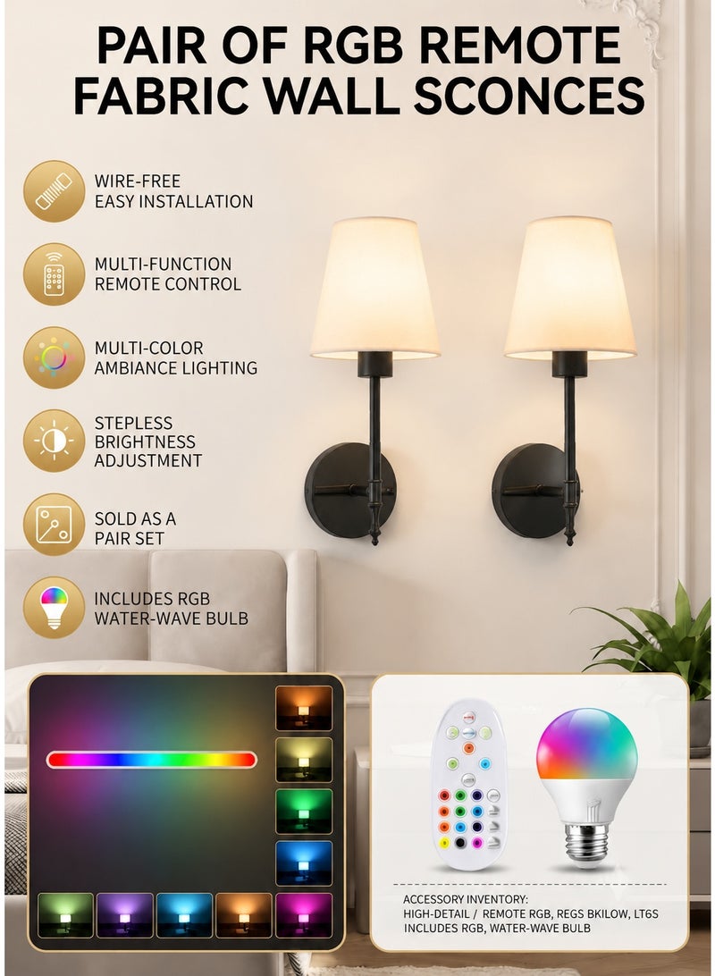 Battery Operated Wall Sconces Set of 2, Wireless No-Drill Wall Lights with 10000mAh Rechargeable Battery, RGB 15-Color Dimmable Magnetic Bulbs and Remote, Wall Decor for Bedroom, Living Room, Hallway - Image 1