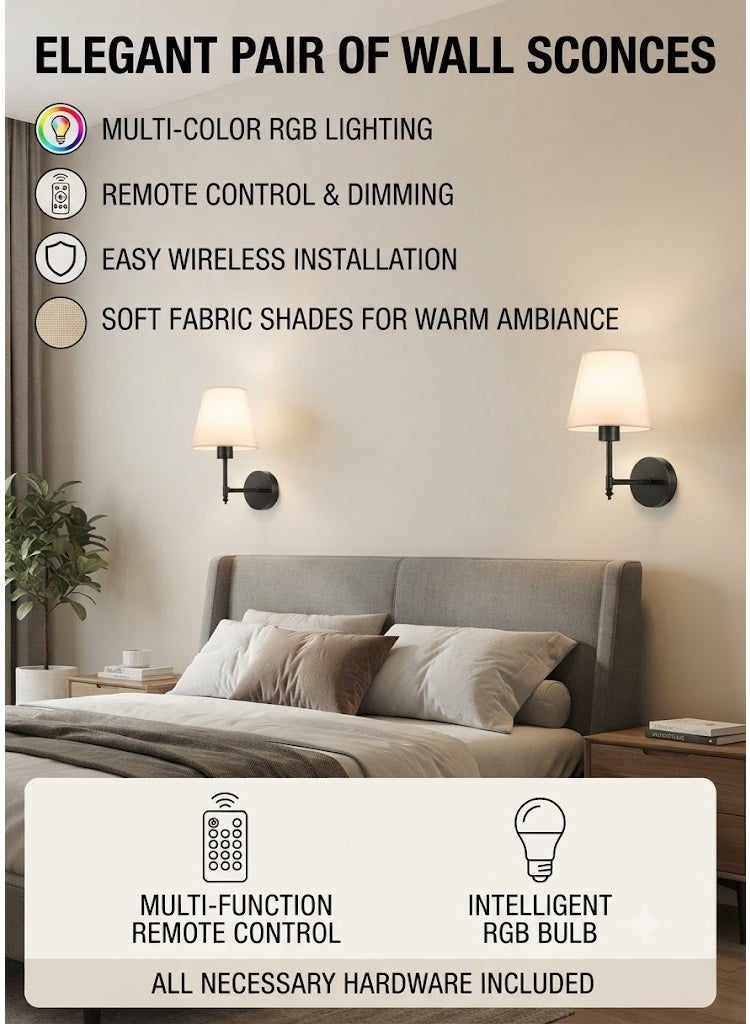 Battery Operated Wall Sconces Set of 2, Wireless No-Drill Wall Lights with 10000mAh Rechargeable Battery, RGB 15-Color Dimmable Magnetic Bulbs and Remote, Wall Decor for Bedroom, Living Room, Hallway - Image 2