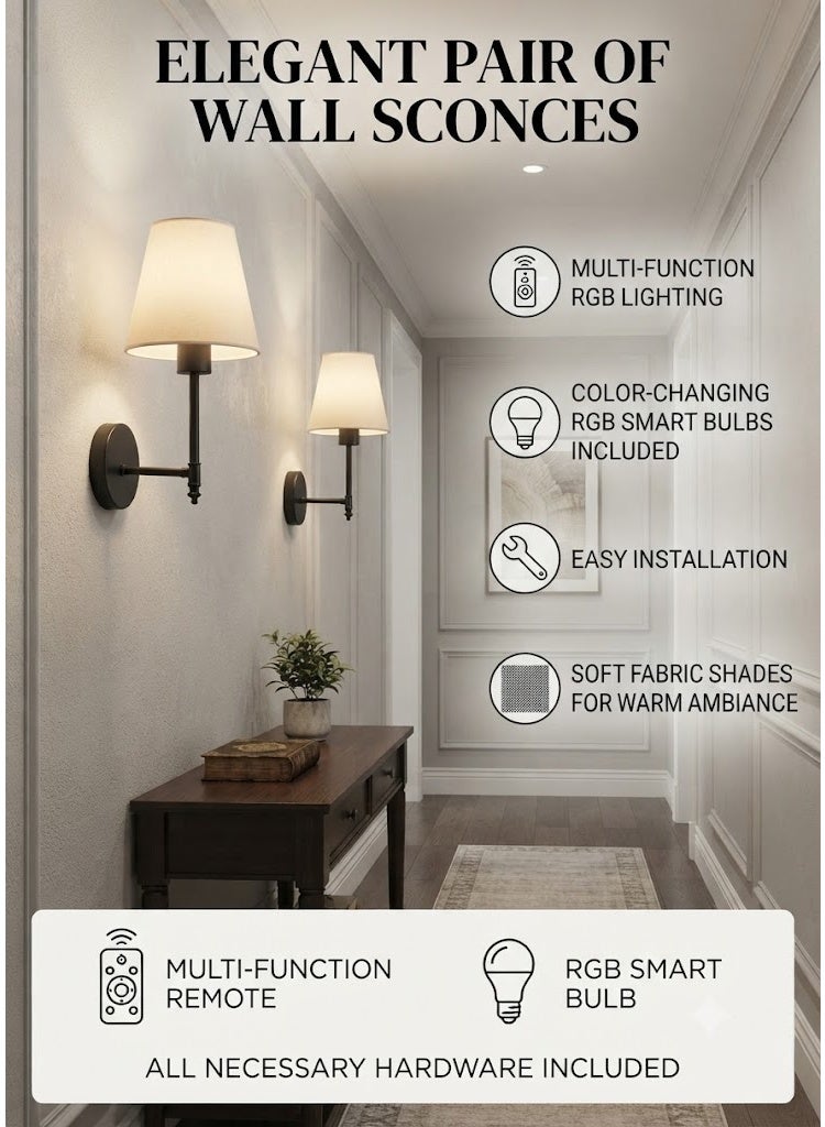 Battery Operated Wall Sconces Set of 2, Wireless No-Drill Wall Lights with 10000mAh Rechargeable Battery, RGB 15-Color Dimmable Magnetic Bulbs and Remote, Wall Decor for Bedroom, Living Room, Hallway - Image 3