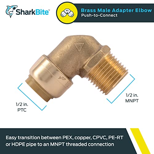 SharkBite 1/2 Inch x 1/2 Inch 90 Degree Male Adapter Elbow, Push to Connect Brass Plumbing Fitting, PEX Pipe, Copper, CPVC, PE-RT, HDPE, U280LFA - Image 2