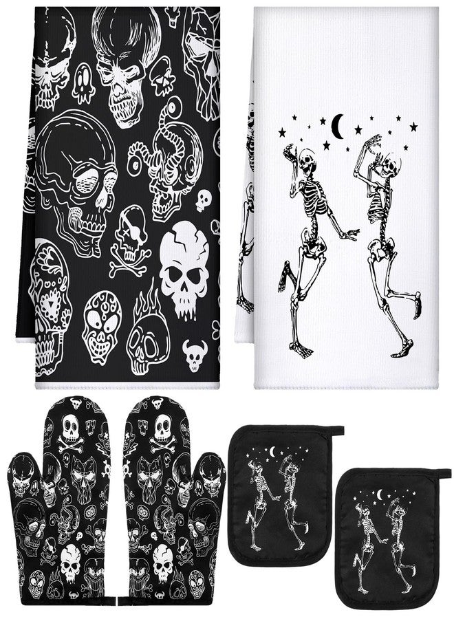 Leinuosen 6 Pcs Halloween Skull Kitchen Towels Oven Mitts and Pot Holders Set Skeleton Hand Dish Towels Skull Oven Mitt Set for Kitchen Home Decorations Cooking Baking Gifts (Classic Color,Skeleton) - Image 1