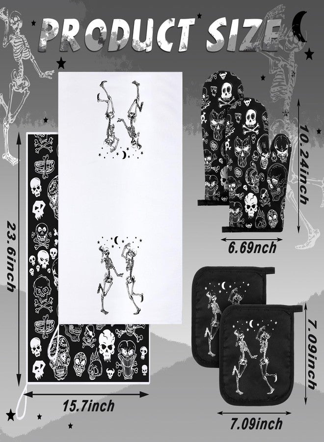 Leinuosen 6 Pcs Halloween Skull Kitchen Towels Oven Mitts and Pot Holders Set Skeleton Hand Dish Towels Skull Oven Mitt Set for Kitchen Home Decorations Cooking Baking Gifts (Classic Color,Skeleton) - Image 3