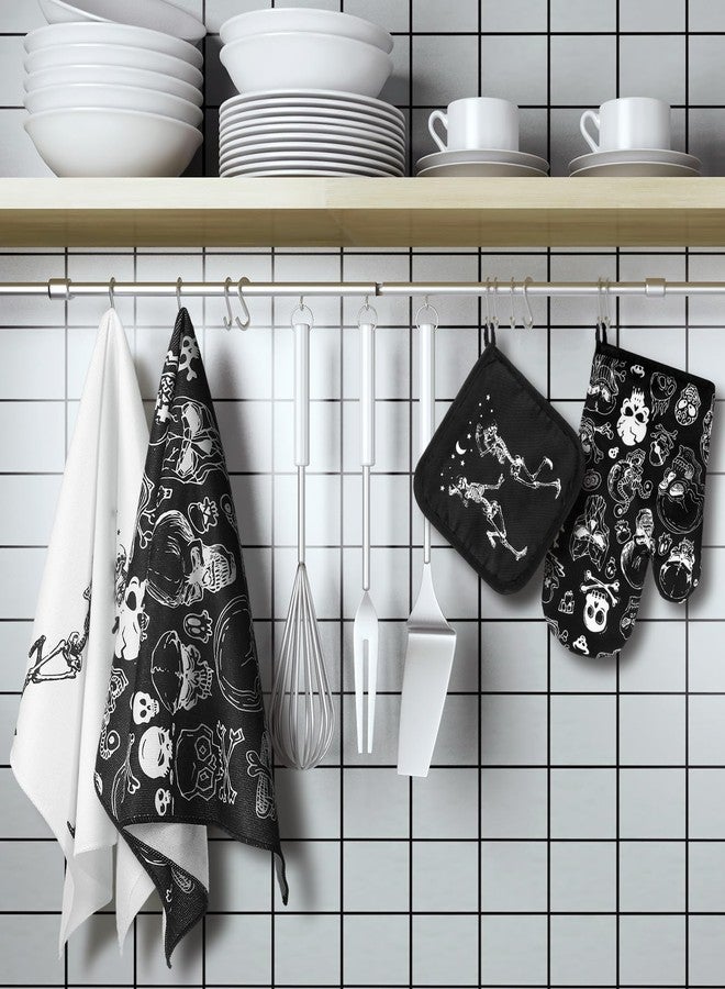 Leinuosen 6 Pcs Halloween Skull Kitchen Towels Oven Mitts and Pot Holders Set Skeleton Hand Dish Towels Skull Oven Mitt Set for Kitchen Home Decorations Cooking Baking Gifts (Classic Color,Skeleton) - Image 2