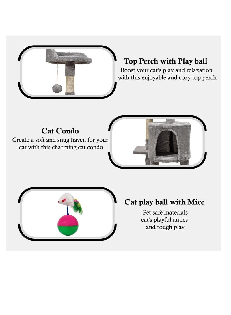 NNC PETS Multi-level cat tree with Cozy Condo, Hanging ball, Sisal scratching post and Top Perch, Indoor Activity center with Mouse tumbler toy, 112 cm Cat playground for Kittens and Cats, (Grey) - Image 3