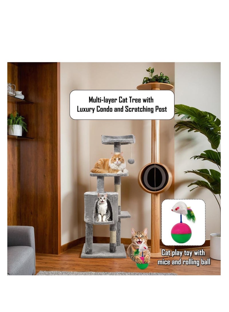 NNC PETS Multi-level cat tree with Cozy Condo, Hanging ball, Sisal scratching post and Top Perch, Indoor Activity center with Mouse tumbler toy, 112 cm Cat playground for Kittens and Cats, (Grey) - Image 4