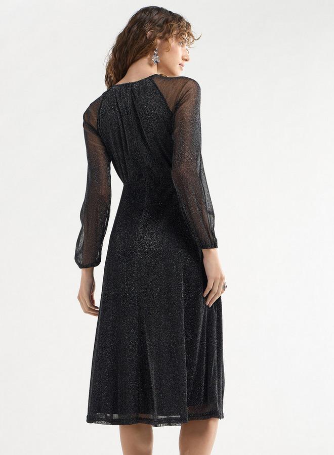 سبلاش فيڤ فستان إيه لاين بارز الملمس بأكمام طويلة وياقة بفتحة - Image 3