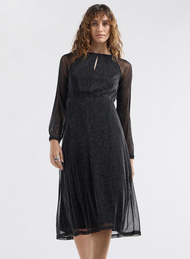 سبلاش فيڤ فستان إيه لاين بارز الملمس بأكمام طويلة وياقة بفتحة - Image 1