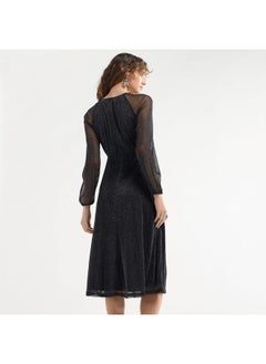 FAV Textured A-line Dress with Keyhole Neck and Long Sleeves  - Image 3